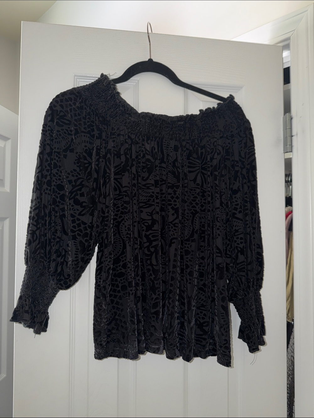 Altar'd State Black Velvet Burnout Smocked Off-Shoulder Blouse